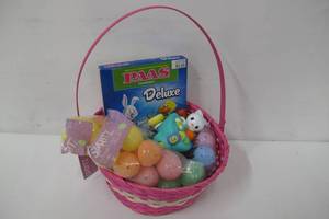 lot 917 image: Pink Wicker Easter Basket Set with Refillable Eggs, Toys and Egg Decorating Kit - NEW