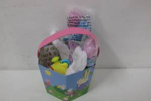 lot 927 image: Hexagonal Cardboard Easter Basket Set with 24 Refillable Eggs, Toy and Bunny Ear Headband - NEW