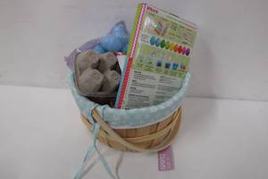 lot 935 image: Large Woven Easter Basket Set with 48 Refillable Eggs, Bunny-Ear Headband, Confetti Eggs and an Egg Decorating Kit - NEW