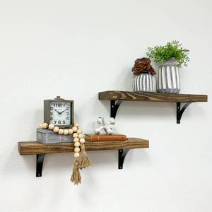 lot 113 image: Del Hutson Designs Industrial Grace Simple 5.5in x 24in x 7in Dark Walnut Pine Wood Set of 2 Floating Decorative Wall Shelves with Brackets, DHD3222DW.