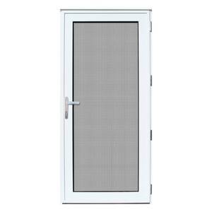 lot 128 image: Unique Home Designs 36 in. x 80 in. White Recessed Mount Right-Lockable, Left Hinge. Meshtec Security Door with Removable Tempered Glass Insert, 5V0000EN1WHGLA.