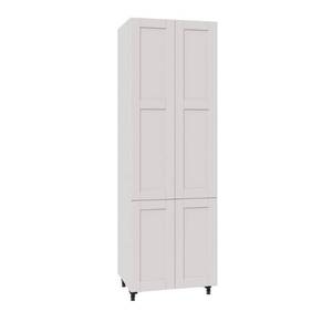lot 132 image: J Collection Shaker Assembled 30 in. x 94.5 in. x 24 in. Pantry Cabinet in Vanilla White, TB302494.5-WS - Backside and upper shelf need some attention.