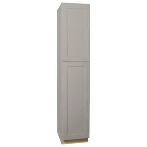 lot 134 image: Hampton Bay Shaker Assembled 18x90x24 in. Pantry Kitchen Cabinet in Dove Gray, KP1890-SDV - Missing Adjustable Shelves and toe kick - Some Slight Back and side damage.