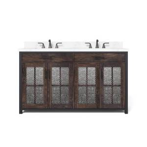 lot 135 image: Home Decorators Collection Drysdale 60 in. Wx 34.5 in. H Bath Vanity in Sable with Engineered Stone Vanity Top in Lgt Vein Carrera with White Basin, HDC60MFV - Top Scratched, Pane Grate on RH Doors Broken.
