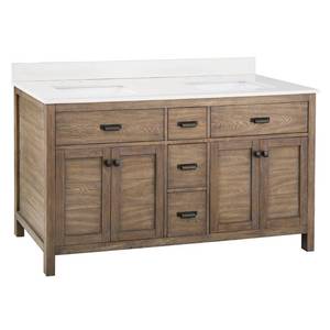 lot 137 image: Home Decorators Collection Stanhope 61 in. W x 22 in. D Vanity in Reclaimed Oak, SNOVT6122D - Missing Vanity Top.