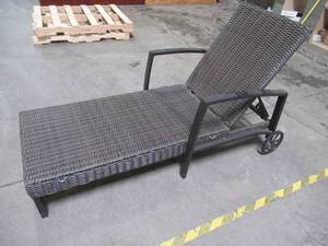lot 129 image: Hampton Bay Whitfield Dark Brown Wicker Outdoor Patio Chaise Lounge, 3022-CC3 - Missing Cushions.