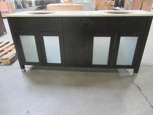 lot 136 image: 72 x 22 Vanity Cabinet in Espresso with Beige Stone Top, Frosted Doors and 4 Center Drawers.