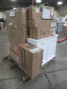 lot 310 image: WHOLESALE MIXED PALLET OF MISCELLANEOUS TOILET PARTS, CABINETS AND OTHER BATHEROOM REMODEL ITEMS