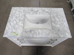 lot 54 image: Home Decorators Collection Everett 37 in. W x 22 in. D Vanity Cabinet in White with Carrara Marble Vanity Top in White with White Basin EEWVT3722D