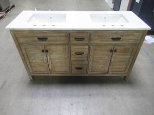 lot 60 image: Home Decorators Collection Stanhope 61 in. W x 22 in. D Vanity in Reclaimed Oak with Engineered Stone Vanity Top in Crystal White with White Sink SNOVT6122D