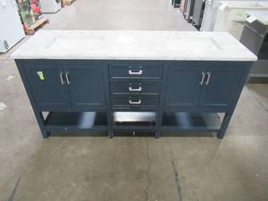 lot 66 image: Home Decorators Collection Everett 72 in. W x 22 D. Vanity Cabinet in Aegean Blue with Carrara Marble Vanity Top in White with White Basins EEBVT7222D