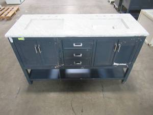 lot 68 image: Home Decorators Collection Everett 61 in. W x 22 in. D Vanity Cabinet in Aegean Blue with Carrara Marble Vanity Top in White with White Basins EEBVT6122D