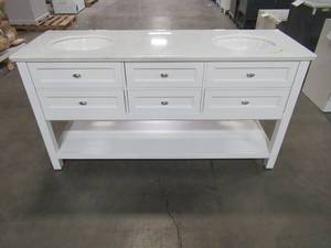 lot 70 image: Home Decorators Collection Austell 67 in. W Double Bath Vanity in White with Natural Marble Vanity Top in White 1939200410