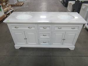 lot 71 image: Home Decorators Collection Sadie 67 in. W x 21.5 in. D Vanity in Matte Pearl with Marble Vanity Top in Natural White with White Basin MD-V2126