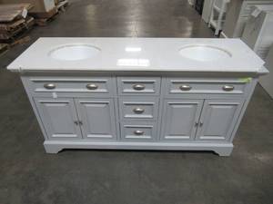 lot 74 image: Home Decorators Collection Sadie 67 in. W x 21.5 in. D Vanity in Dove Grey with Marble Vanity Top in Natural White with White Basins MD-V1834