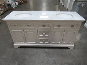 lot 77 image: Home Decorators Collection Sadie 67 in. W x 21.5 in. D Vanity in Matte Pearl with Marble Vanity Top in Natural White with White Basin MD-V2126