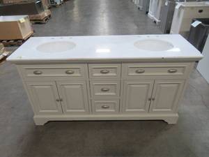 lot 82 image: Home Decorators Collection Sadie 67 in. W x 21.5 in. D Vanity in Matte Pearl with Marble Vanity Top in Natural White with White Basin MD-V2126