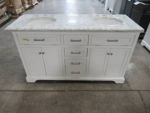 lot 87 image: Home Decorators Collection Windlowe 61 in. W x 22 in. D x 35 in. H Bath Vanity in White with Carrera Marble Vanity Top in White with White Basin 15101-VS61C-WT