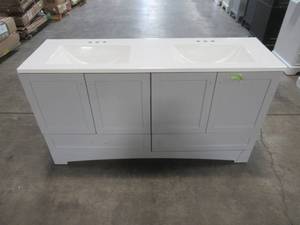 lot 88 image: Glacier Bay Lancaster 60 in. W x 19 in. D Bath Vanity in Pearl Gray with Cultured Marble Vanity Top in White with White Sinks LC60P2-PG