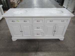 lot 90 image: Home Decorators Collection Sadie 67 in. W x 21.5 in. D Vanity in Matte Pearl with Marble Vanity Top in Natural White with White Basin MD-V2126