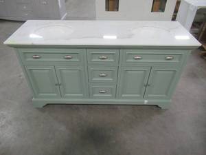 lot 3 image: Home Decorators Collection Sadie 67 in. W x 21.5 in. D Vanity in Antique Light Cyan with Marble Vanity Top in Natural White with White Basins MD-V1836