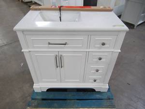lot 12 image: Home Decorators Collection Melpark 36 in. W x 22 in. D Bath Vanity in White with Cultured Marble Vanity Top in White with White Sink Melpark 36W
