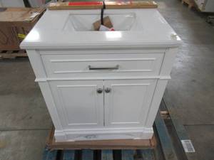lot 13 image: Home Decorators Collection Melpark 30 in. W x 22 in. D Bath Vanity in White with Cultured Marble Vanity Top in White with White Sink Melpark 30W