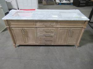 lot 30 image: Home Decorators Collection Aberdeen 72 in. x 22 in. D Bath Vanity in Antique Oak with Carrara Marble Vanity Top in White with White Basins Aberdeen 72AO