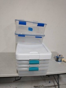 3 56 Qt. Latching Wheeled Storage Box AND 2 WETHERTIGHT 44 Qt. and 26.5 Qt. Storage Box Combo in Clear with Blue Buckles