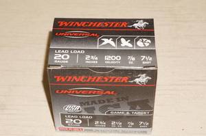 lot 46 image: 25 Winchester Universal 20 Ga 2-34 7-12 Shot Shotshells