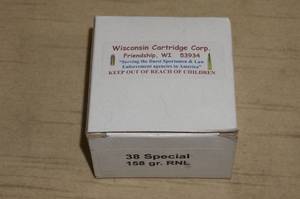 lot 51 image: Box of Wisconsin Cartridge .38 Special Reload Ammo