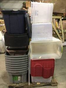 Pallet with Plastic storage bins some missing taps see pictures