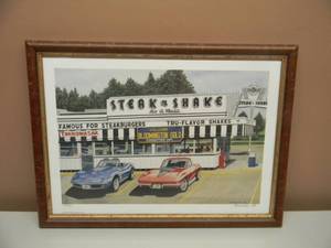 DANA FORRESTER  - STEAK n SHAKE - WELCOME BLOOMINGTON GOLD CORVETTES USA - HAND SIGNED AND NUMBERED LIMITED EDITION -  #241 OF 1000 - PROFESSIONALLY FRAMED - GREAT PIECE - APPROX 20 BY 15 - SEE PICTURES