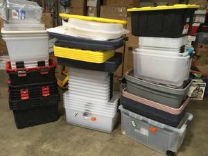 Pallet with assorted Plastic Storage bins some missing covers see pictures