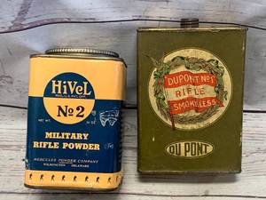 lot 94 image: Lot of 2 Antique Ammo Powder Cans (no shipping)