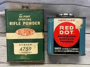 lot 96 image: Lot of 2 Antique Ammo Powder Cans (no shipping)