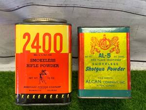 lot 100 image: Lot of 2 Antique Ammo Powder Cans (no shipping)