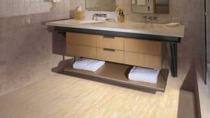 lot 771 image: 96 SF Coretec Plus Ankara Travertine LVT Flooring With Attached Cork Backing - Floating Click Vinyl