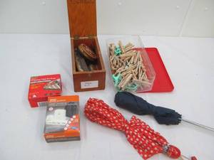 Shoe polish kit, clothes pins, tape