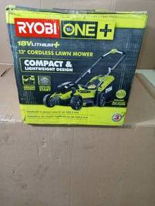 13 in. ONE 18-Volt Lithium-Ion Cordless Battery Walk Behind Push Lawn Mower - 4.0 Ah BatteryCharger Included by RYOBI- open box not used -SEE PICTURES