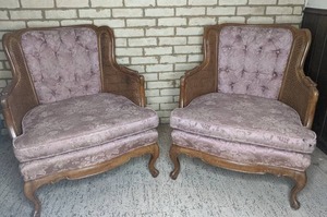 lot 23 image: Pair of Vintage Tufted Caned Armchairs