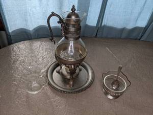 lot 42 image: Silver Plate Coffee Pot w Candle Warmer, Creamer & Sugar Dish