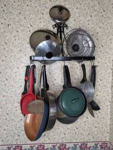 lot 54 image: Pots and Pans with Wall Mount Rack