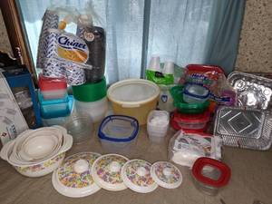 lot 56 image: Large Lot of Plastic Food Storage & Disposable Dishes