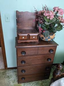lot 130 image: Wood Dresser, Shelf & Faux Flower Arrangement