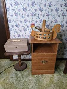 lot 131 image: Pressed Wood Nightstand and Side Table, Wicker Basket, and Lock Box