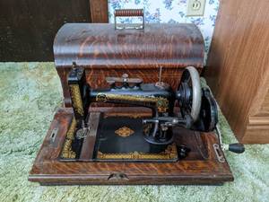 lot 137 image: Antique Harris No. 3 Hand Crank Sewing Machine with Case