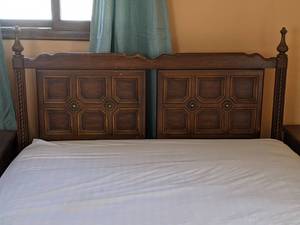 lot 110 image: Vintage Queen Headboard & Two Night Stands (see photos)