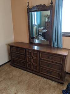 lot 120 image: Midcentury Lowboy Dresser, Armoire & Mirror (see photos)