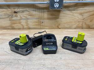 lot 86 image: RYOBI Lot of 2-  18v Batteries (4.0Ah) with an 18v Charger